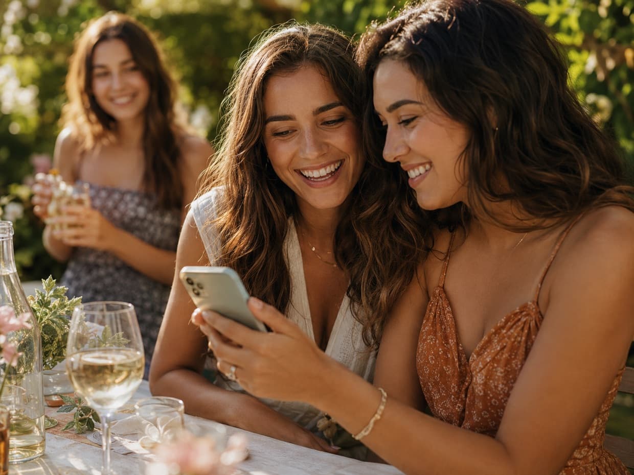 Two guests laughing over a phone at a party table
