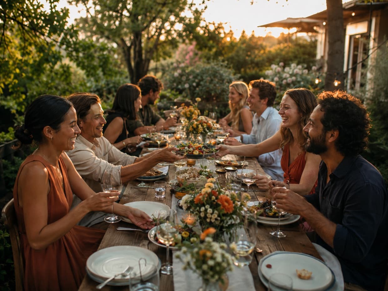 A long table of friends eating outdoors at golden hour