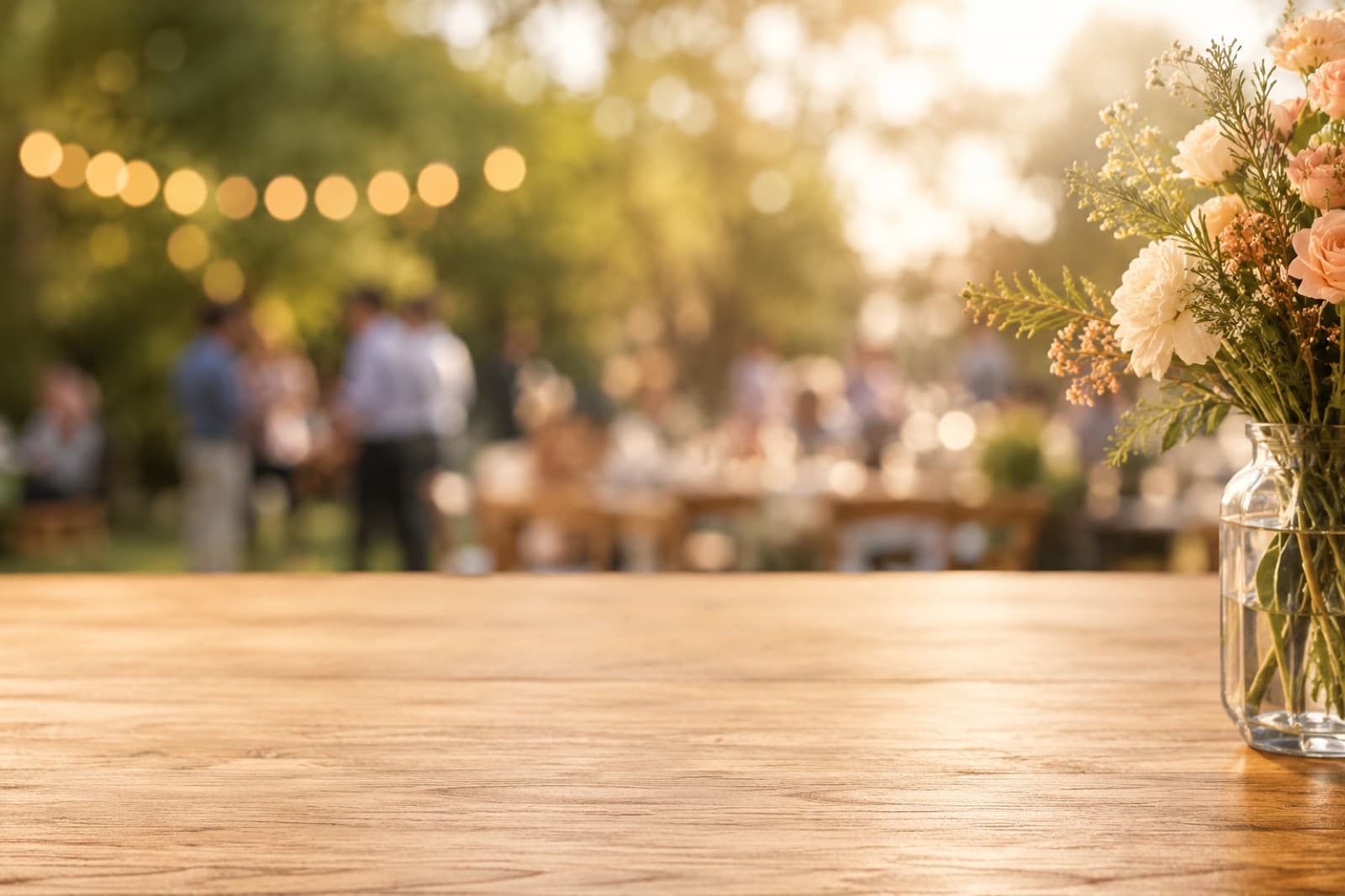 A table at an outdoor party, with guests and string lights behind it